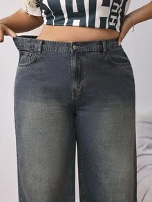 SHEIN CURVE+ 大尺碼女款鈕扣口袋寬鬆牛仔褲 秋冬休閒 Y2K 基本款 萬聖節節慶 校園穿搭 適合豐滿與修身身形 教師風格 - 藍色 - 查看 6