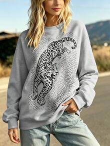 DrmWander Fashion Leopard And Leopard Print Pattern Crew Neck Sweatshirt, Plus Size Women's Casual Autumn/Winter Long Sleeve Sports Top, Suitable For Daily Wear In Autumn/Winter - Multicolor - View 3