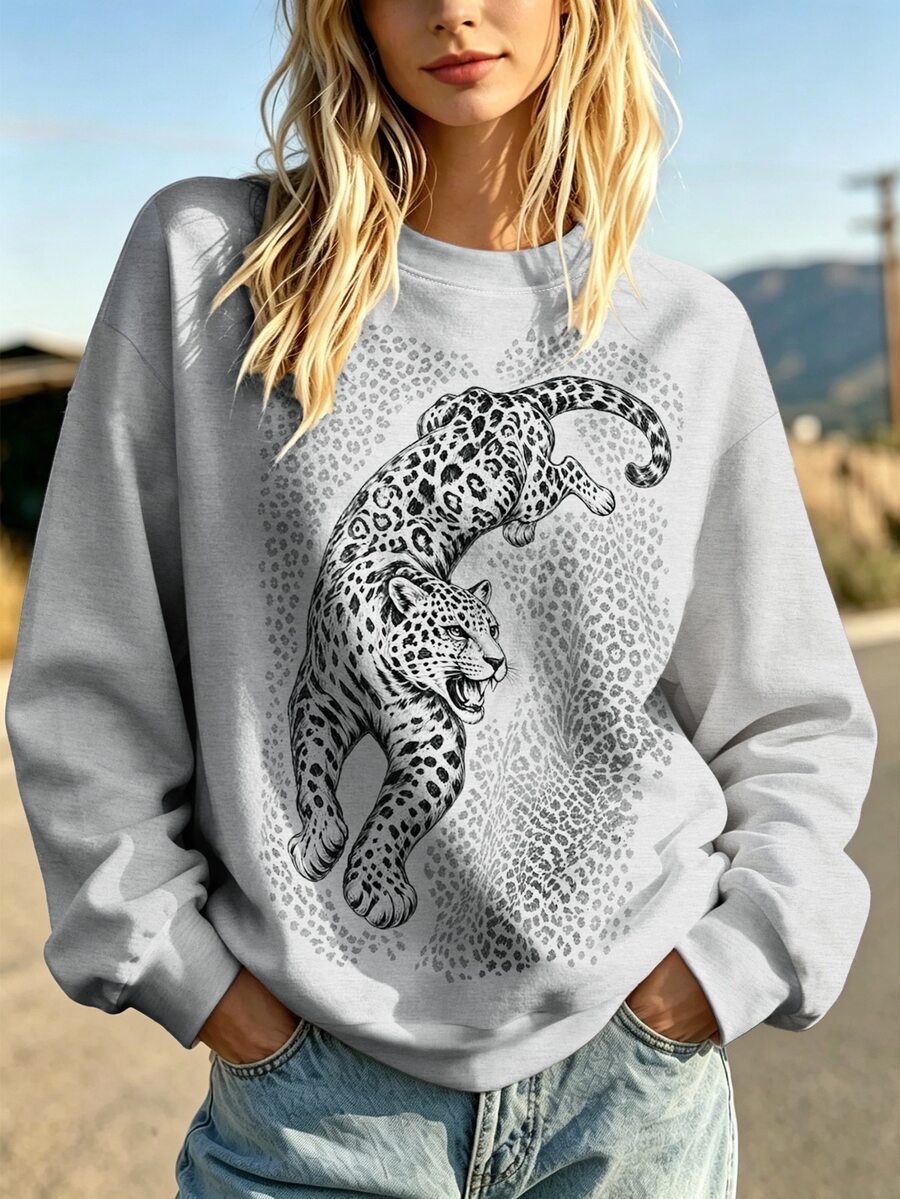 DrmWander Fashion Leopard And Leopard Print Pattern Crew Neck Sweatshirt, Plus Size Women's Casual Autumn/Winter Long Sleeve Sports Top, Suitable For Daily Wear In Autumn/Winter - Multicolor - View 1