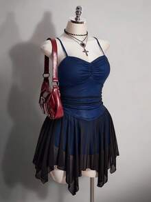 SHEIN ICON Gaun Cami Seksi Wanita Ukuran Plus dengan Desain Blok Warna, Lipit, Pinggang Ramping, dan Hem Asimetris - Biru - View 11