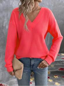 EMERY ROSE Casual Versatile Solid Color Textured Drop Shoulder Long Sleeve T-Shirt Autumn Cloth For Women Everyday Travel Coral - Red - View 4