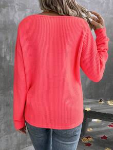 EMERY ROSE Casual Versatile Solid Color Textured Drop Shoulder Long Sleeve T-Shirt Autumn Cloth For Women Everyday Travel Coral - Red - View 2