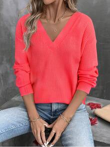EMERY ROSE Casual Versatile Solid Color Textured Drop Shoulder Long Sleeve T-Shirt Autumn Cloth For Women Everyday Travel Coral - Red - View 3