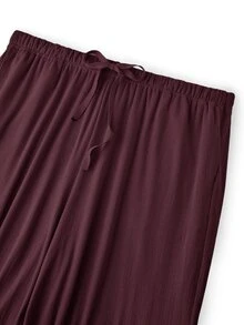 LUVLETTE Plus Size Women Pajama Set Long Sleeve V-Neck Button Front Top & Wide Leg Pants Contrast Trim Ribbed Loungewear - Red - View 10