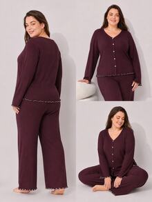LUVLETTE Plus Size Women Pajama Set Long Sleeve V-Neck Button Front Top & Wide Leg Pants Contrast Trim Ribbed Loungewear - Red - View 2
