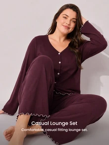 LUVLETTE Plus Size Women Pajama Set Long Sleeve V-Neck Button Front Top & Wide Leg Pants Contrast Trim Ribbed Loungewear - Red - View 9