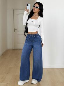 SHEIN PETITE 女款休閒水洗直筒牛仔褲 秋冬休閒正式 Y2K 基本款 萬聖節節慶派對 校園 藍色 小碼 女教師穿搭 - 藍色 - 查看 7