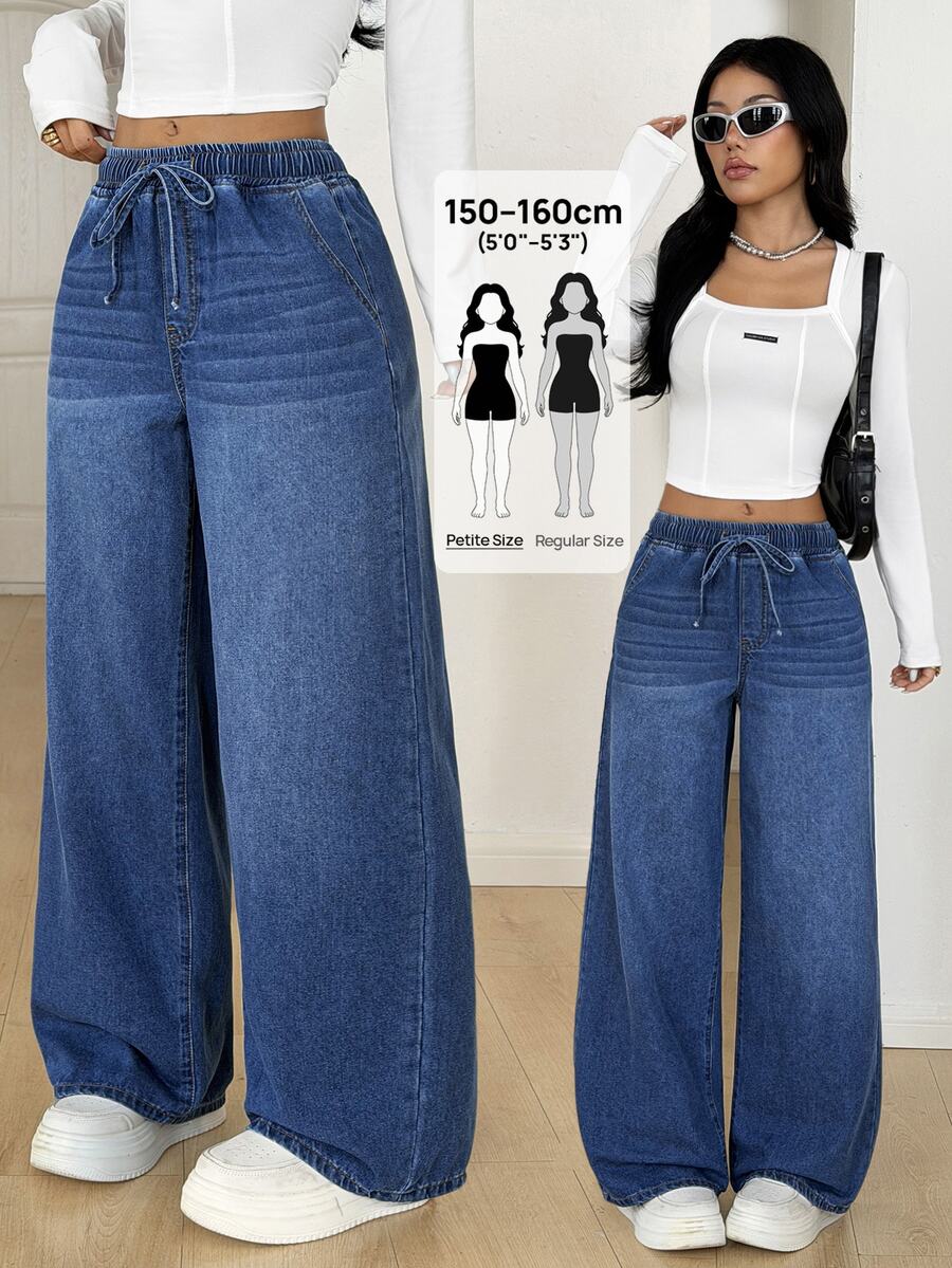SHEIN PETITE 女款休閒水洗直筒牛仔褲 秋冬休閒正式 Y2K 基本款 萬聖節節慶派對 校園 藍色 小碼 女教師穿搭