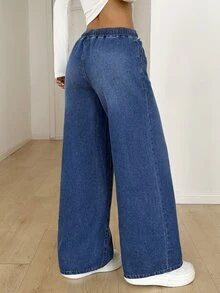 SHEIN PETITE 女款休閒水洗直筒牛仔褲 秋冬休閒正式 Y2K 基本款 萬聖節節慶派對 校園 藍色 小碼 女教師穿搭 - 藍色 - 查看 3