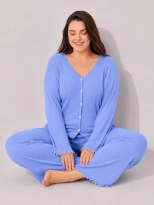 LUVLETTE طقم بيجامة نسائي مقاس كبير من القطن والسباندكس، ملابس علوية بأكمام طويلة وياقة V وأزرار أمامية & بنطال واسع الساق مع حواف متباينة وتفاصيل مضلعة ملابس منزلية - الأزرق - مشاهدة 4