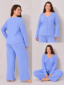 LUVLETTE طقم بيجامة نسائي مقاس كبير من القطن والسباندكس، ملابس علوية بأكمام طويلة وياقة V وأزرار أمامية & بنطال واسع الساق مع حواف متباينة وتفاصيل مضلعة ملابس منزلية - الأزرق - مشاهدة 2