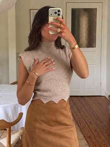 Serisse Women's Fashion Stand Collar Cropped Knit Top - Apricot - View 2