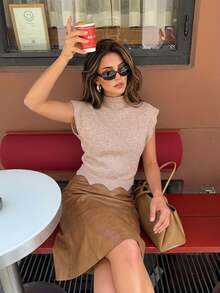 Serisse Women's Fashion Stand Collar Cropped Knit Top - Apricot - View 1
