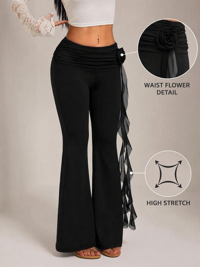SHEIN PETITE بنطلون أسود واسع للنساء بأسلوب الشارع الخريفي أنيق وجذاب وعملي موضة عطلة بوهيمي خيالي محبوك برباط وكشكشة مرن مريح (مناسب لسهرة موعد)