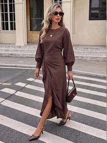 SHEIN Frenchy Women's Elegant Solid Color Waist-Cinching Mid-Length Dress, Autumn - Multicolor - View 4