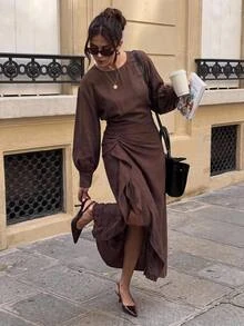 SHEIN Frenchy Women's Elegant Solid Color Waist-Cinching Mid-Length Dress, Autumn - Multicolor - View 7