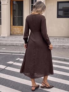 SHEIN Frenchy Women's Elegant Solid Color Waist-Cinching Mid-Length Dress, Autumn - Multicolor - View 2