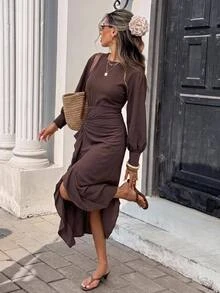 SHEIN Frenchy Women's Elegant Solid Color Waist-Cinching Mid-Length Dress, Autumn - Multicolor - View 1