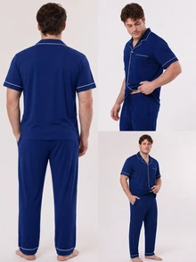 LUVLETTE Plus Size Men Blue Pajama Set 100% Cotton Short Sleeve Notch Collar Button Front Top & Straight Leg Pants Contrast Piping Chest Pocket Homewear - Blue - View 3