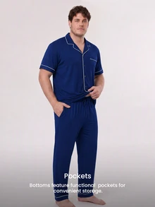 LUVLETTE Plus Size Men Blue Pajama Set 100% Cotton Short Sleeve Notch Collar Button Front Top & Straight Leg Pants Contrast Piping Chest Pocket Homewear - Blue - View 2