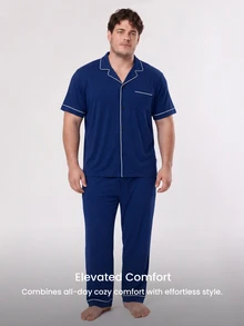 LUVLETTE Plus Size Men Blue Pajama Set 100% Cotton Short Sleeve Notch Collar Button Front Top & Straight Leg Pants Contrast Piping Chest Pocket Homewear - Blue - View 7