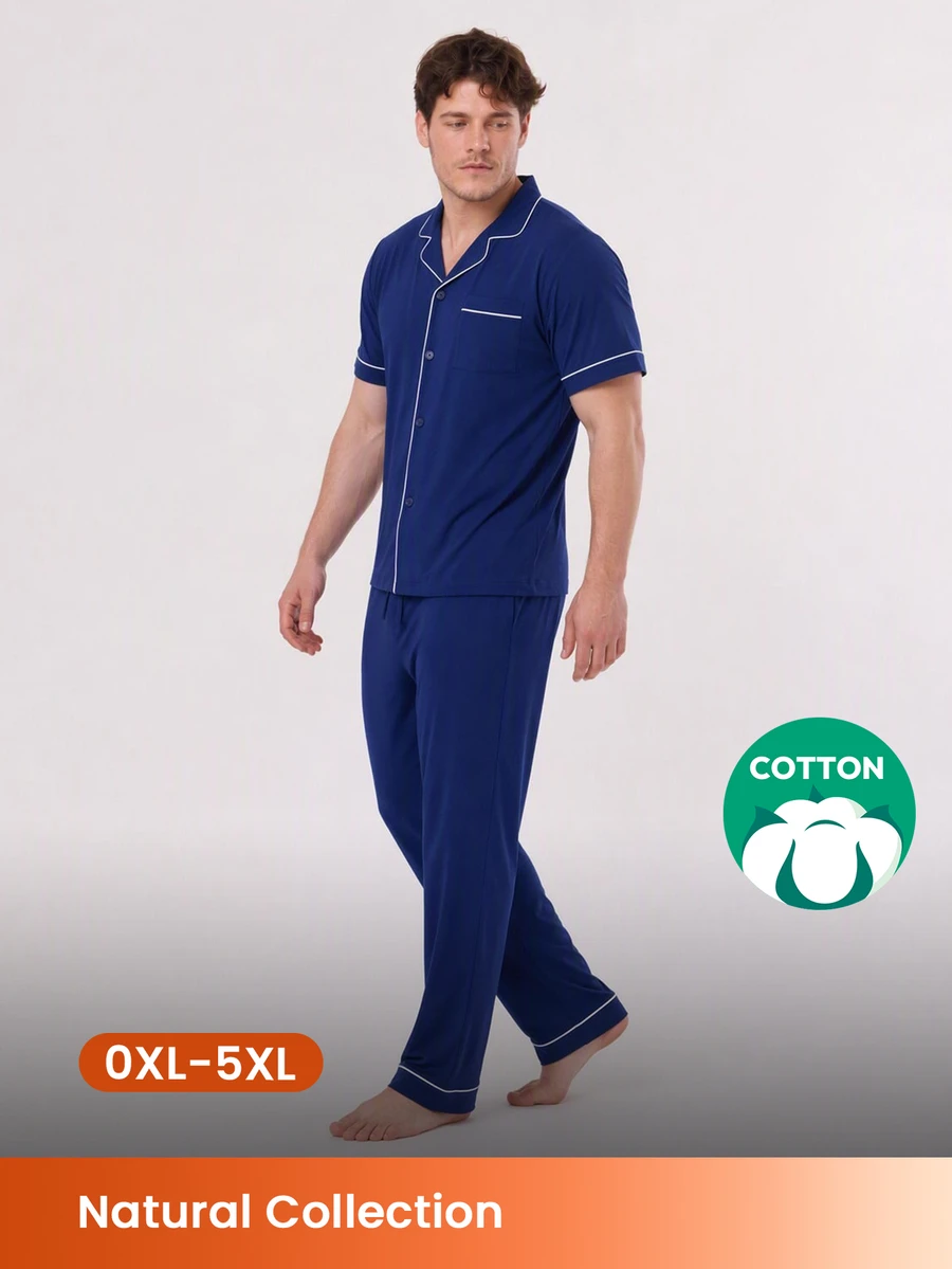 LUVLETTE Plus Size Men Blue Pajama Set 100% Cotton Short Sleeve Notch Collar Button Front Top & Straight Leg Pants Contrast Piping Chest Pocket Homewear - Blue - View 1