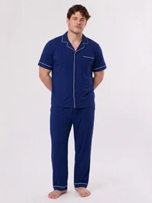 LUVLETTE Plus Size Men Blue Pajama Set 100% Cotton Short Sleeve Notch Collar Button Front Top & Straight Leg Pants Contrast Piping Chest Pocket Homewear - Blue - View 10