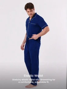 LUVLETTE Plus Size Men Blue Pajama Set 100% Cotton Short Sleeve Notch Collar Button Front Top & Straight Leg Pants Contrast Piping Chest Pocket Homewear - Blue - View 9