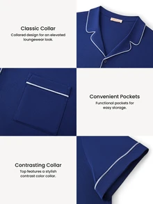 LUVLETTE Plus Size Men Blue Pajama Set 100% Cotton Short Sleeve Notch Collar Button Front Top & Straight Leg Pants Contrast Piping Chest Pocket Homewear - Blue - View 4
