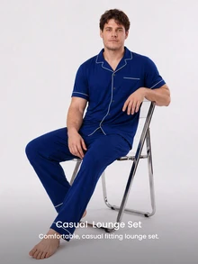 LUVLETTE Plus Size Men Blue Pajama Set 100% Cotton Short Sleeve Notch Collar Button Front Top & Straight Leg Pants Contrast Piping Chest Pocket Homewear - Blue - View 8