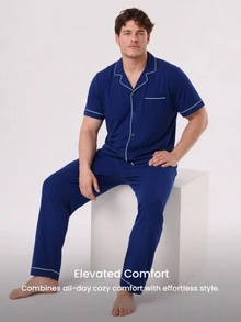 LUVLETTE Plus Size Men Blue Pajama Set 100% Cotton Short Sleeve Notch Collar Button Front Top & Straight Leg Pants Contrast Piping Chest Pocket Homewear - Blue - View 5