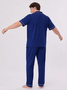 LUVLETTE Plus Size Men Blue Pajama Set 100% Cotton Short Sleeve Notch Collar Button Front Top & Straight Leg Pants Contrast Piping Chest Pocket Homewear - Blue - View 11