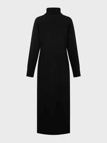 LUMIGAL Women's Fall Winter Black Turtleneck Knit Midi Dress, Long‑Sleeve Sweater Dress With Ribbed Slit Hem For Daily, Office And Street Outfits - Black - View 3
