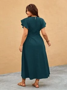 Elaquor 大尺碼女款純色百褶休閒日常穿著洋裝 - 墨綠色 - 查看 3