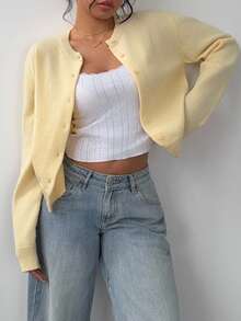 SHEIN BASICS 女款休閒基礎款純色圓領長袖寬鬆短版開襟針織外套 秋季開學季 淡黃色 教師節教師穿搭 - 芥末黃 - 查看 10