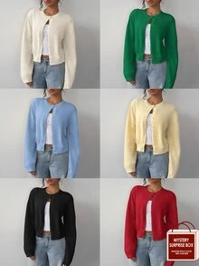 SHEIN BASICS 女款休閒基礎款純色圓領長袖寬鬆短版開襟針織外套 秋季開學季 淡黃色 教師節教師穿搭 - 芥末黃 - 查看 2