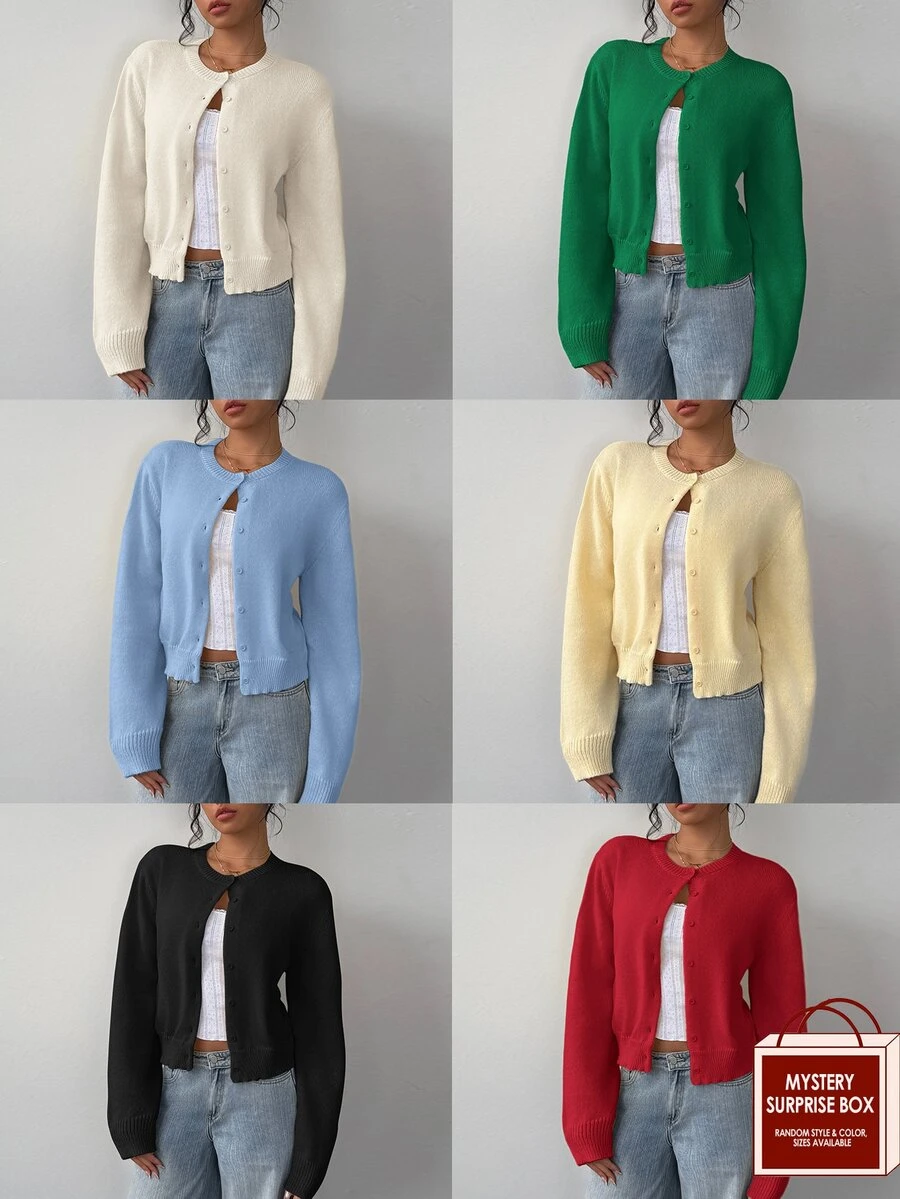 SHEIN BASICS 女款休閒基礎款純色圓領長袖寬鬆短版開襟針織外套 秋季開學季 淡黃色 教師節教師穿搭