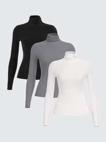 SHEIN BASICS 3件組純色針織假領直肩長袖修身女款內搭上衣，黑色、巧克力棕、米色，秋季基礎日常款 - 棕色 - 查看 5