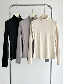SHEIN BASICS 3件組純色針織假領直肩長袖修身女款內搭上衣，黑色、巧克力棕、米色，秋季基礎日常款 - 棕色 - 查看 6