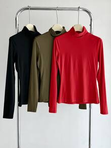 SHEIN BASICS 3件組純色針織假領直肩長袖修身女款內搭上衣，黑色、巧克力棕、米色，秋季基礎日常款 - 棕色 - 查看 7