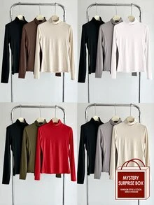SHEIN BASICS 3件組純色針織假領直肩長袖修身女款內搭上衣，黑色、巧克力棕、米色，秋季基礎日常款 - 棕色 - 查看 1