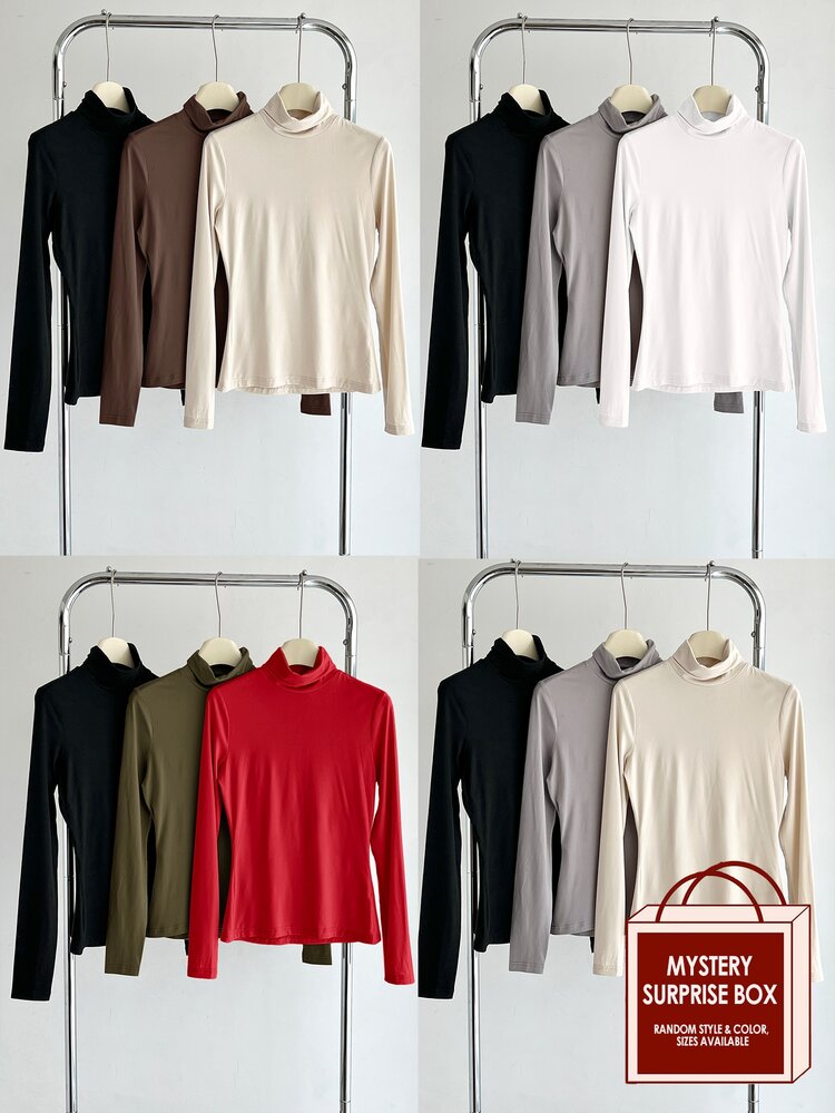 SHEIN BASICS 3pcs/Set Solid Color Knit Mock Neck Straight Shoulder Long Sleeve Fitted Women Undershirt Tops Black Chocolate Brown Beige Autumn Basic Everyday - Brown - View 1