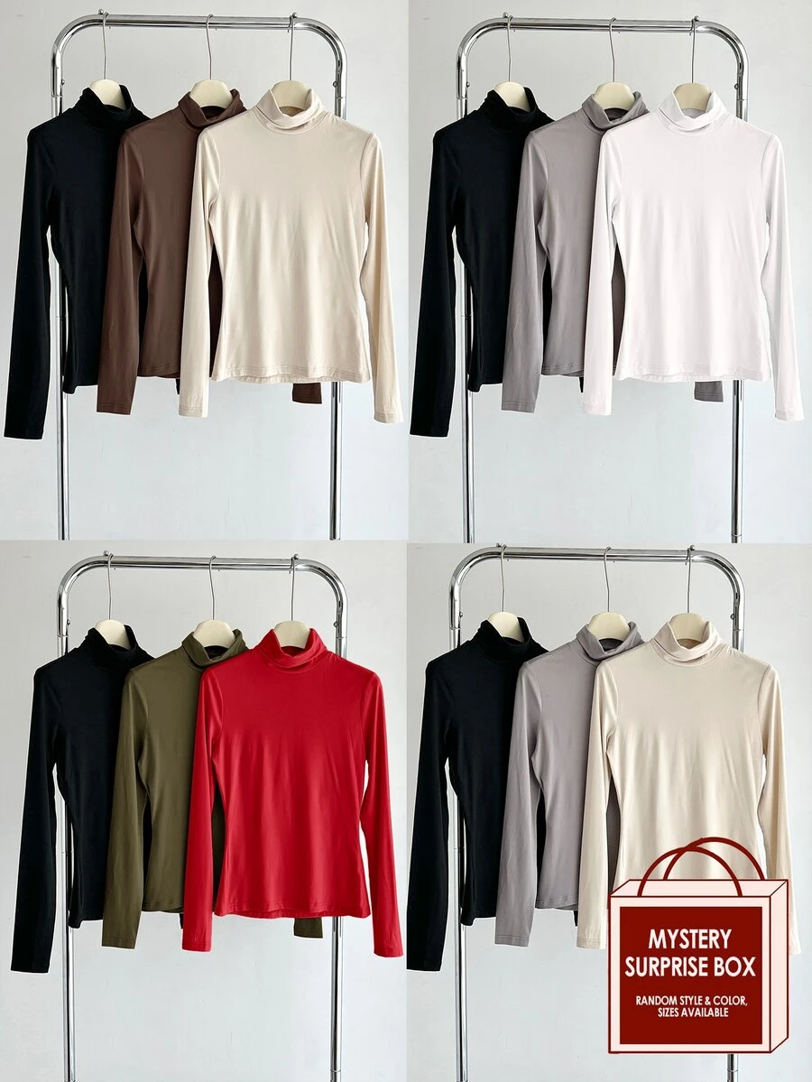 SHEIN BASICS 3件組純色針織假領直肩長袖修身女款內搭上衣,黑色、巧克力棕、米色,秋季基礎日常款 - 棕色 - 查看 1