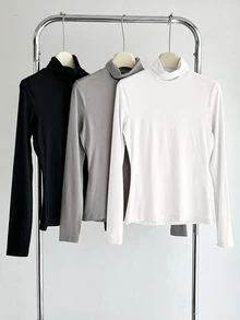 SHEIN BASICS 3件組純色針織假領直肩長袖修身女款內搭上衣，黑色、巧克力棕、米色，秋季基礎日常款 - 棕色 - 查看 9
