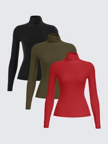 SHEIN BASICS 3件組純色針織假領直肩長袖修身女款內搭上衣，黑色、巧克力棕、米色，秋季基礎日常款 - 棕色 - 查看 3