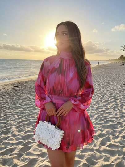Auralis Plus Size Women's Hot Pink Floral Pleated Casual Elegant Autumn Travel Vacation Dress Beach Vacation Wedding Guest Outfits Holiday Fall