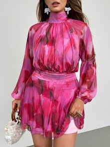 CurvyTilda 大尺碼女款亮粉色花卉百褶休閒優雅秋季旅行度假洋裝，海灘度假婚禮賓客穿搭，秋季假期穿搭 - 彩色 - 查看 6