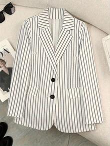 SHEIN CURVE+ 大尺碼條紋翻領長袖夾克，優雅通勤辦公正式西裝外套，2026年夏季 22W 教師節 全身白色 - 米色 - 查看 10
