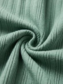 SHEIN طقم بيجاما نسائي صغير الحجم قطعتين من القطن المحبوك المضلع بلون نعناعي مع تباين ألوان وأزرار أمامية وأكمام طويلة وبنطال طويل - أخضر نعناع - مشاهدة 5