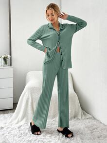 SHEIN طقم بيجاما نسائي صغير الحجم قطعتين من القطن المحبوك المضلع بلون نعناعي مع تباين ألوان وأزرار أمامية وأكمام طويلة وبنطال طويل - أخضر نعناع - مشاهدة 7